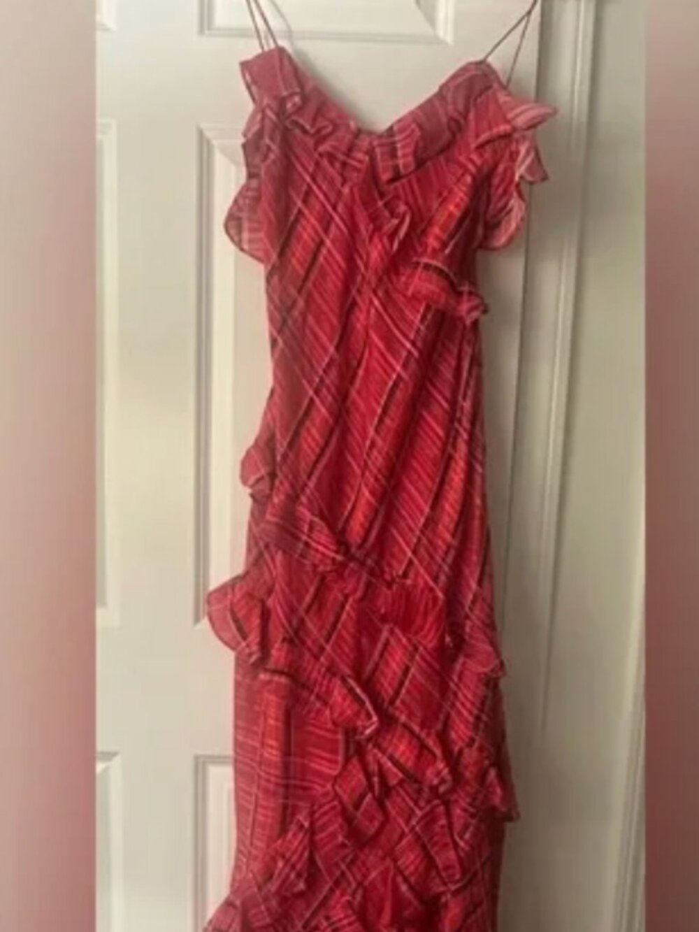 LoveShackFancy Rialto Cheery Red Plaid Metallic Ruffle Maxi Dress NWT - Picture 3 of 8